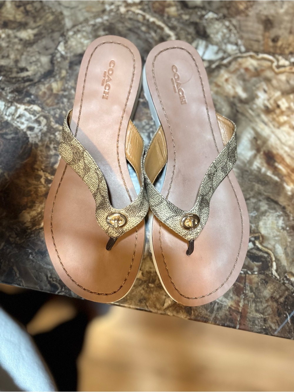 Coach Metallic Gold Logo Thong Sandals with Tan Footbed
